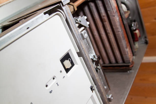 close up view of the disassembled gas boiler for repair